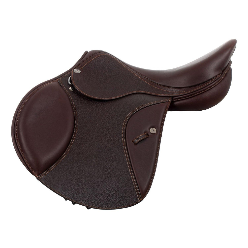 Brown leather saddle on a white background