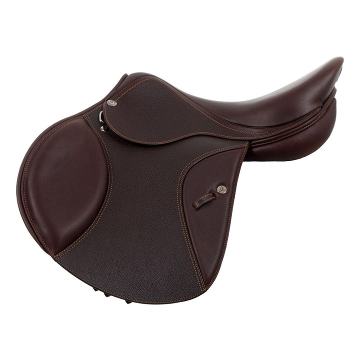 Brown leather saddle on a white background