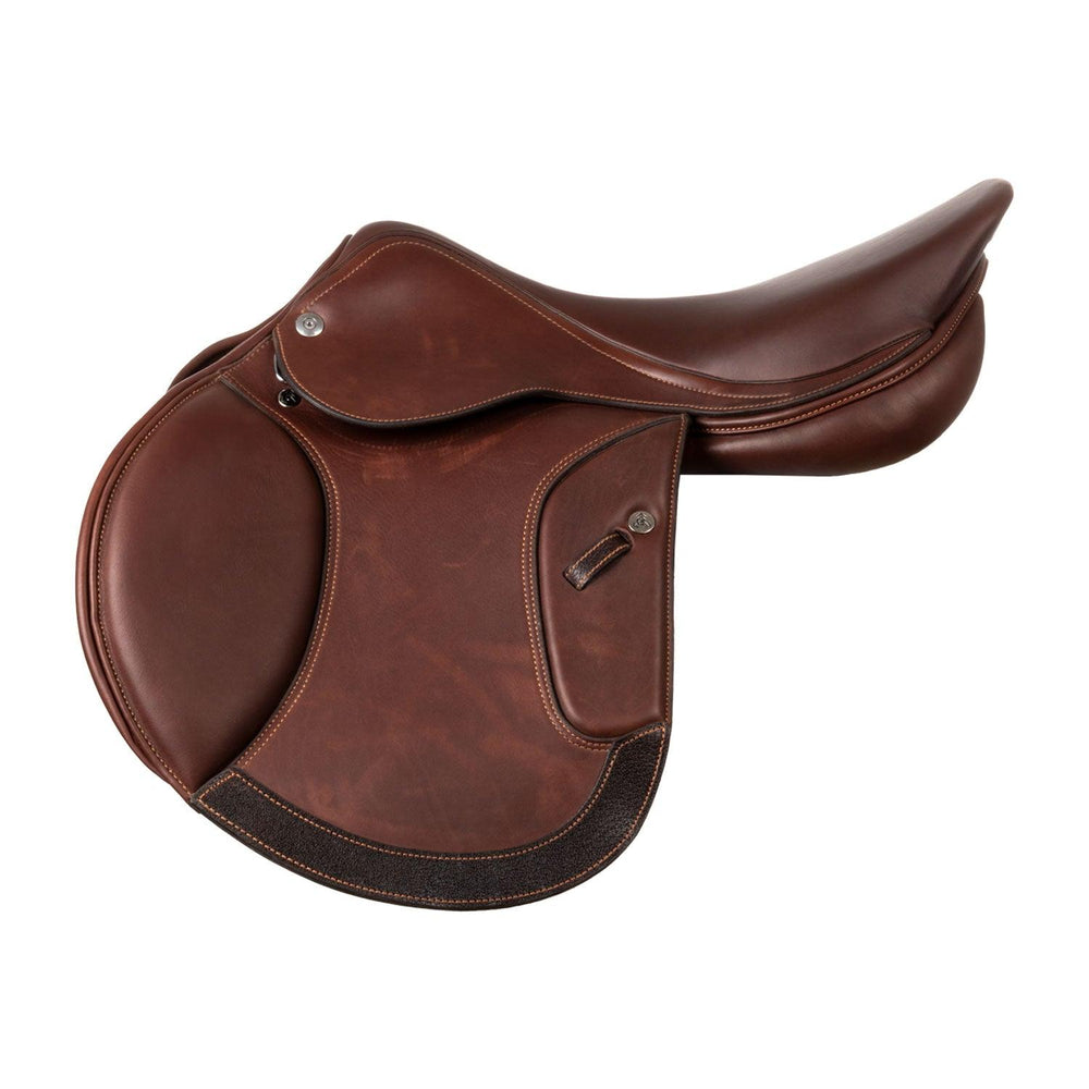 Brown leather saddle on a white background