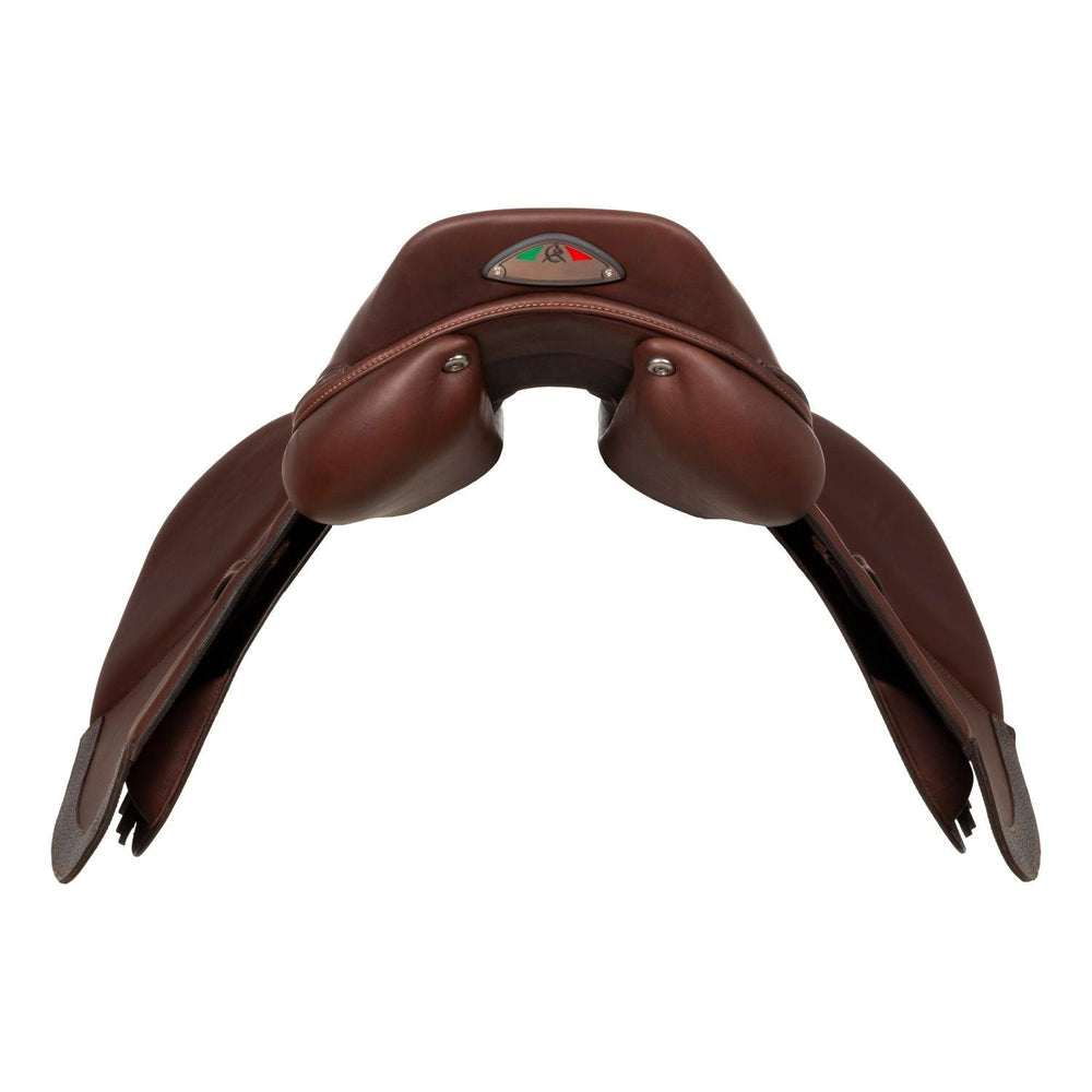 Brown leather saddle on a white background