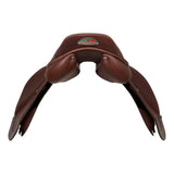 Brown leather saddle on a white background