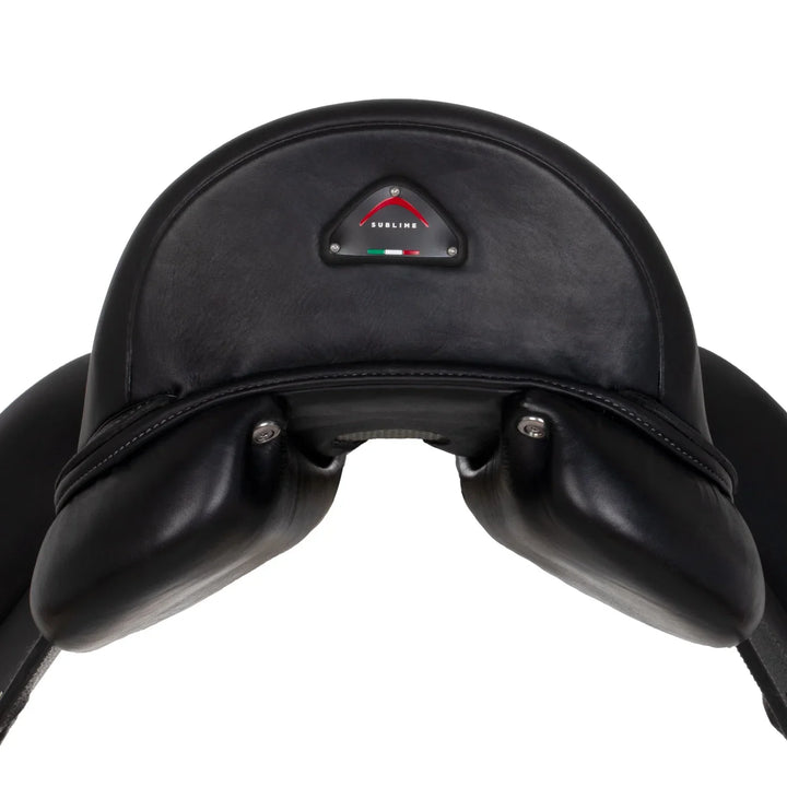 Black leather saddle with a brand logo on a white background