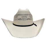 A beige men's straw cowboy hat with a black band and a small bow detail, displayed against a white background.