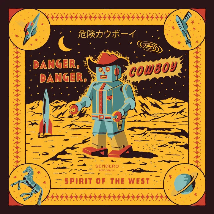Illustration of a robot cowboy with desert landscape and space-themed elements.