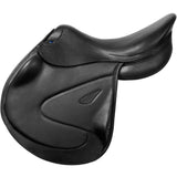 A black Stübben Phantom jumping saddle with a monoflap design, flat-girthing tree, and wool pad.
